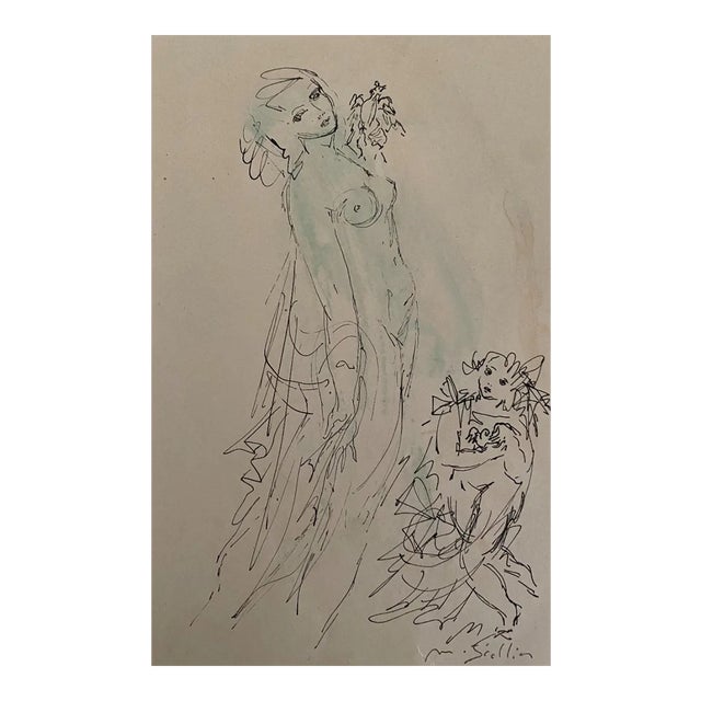 Madeleine Scellier, Figure, China Ink and Watercolor, 1955 For Sale