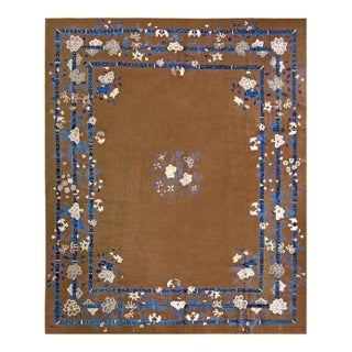 1920s Minimalist Open Brown Field Floral Chinese Room Size Peking Wool Rug For Sale