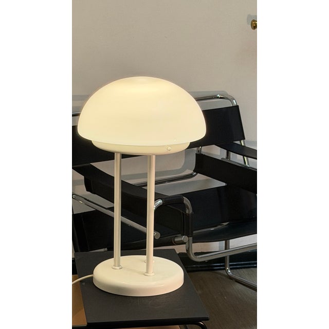 Vintage Mushroom Tripod Table Lamp in Opaline Glass and White Steel, 1970s For Sale - Image 9 of 11