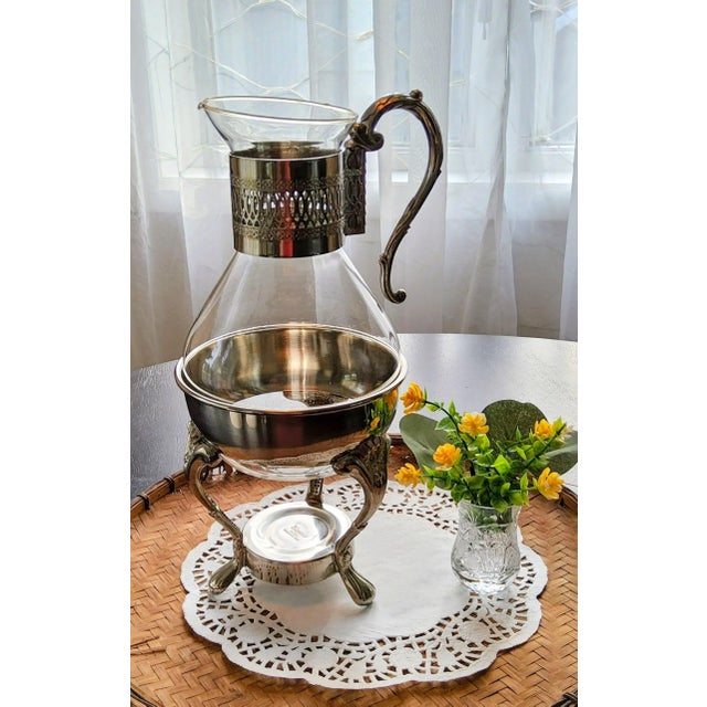 Silver 1980s Elegance Glass Coffee Carafe With Warming Stand, Ep Brass Silver Plated Tea Pot For Sale - Image 8 of 12
