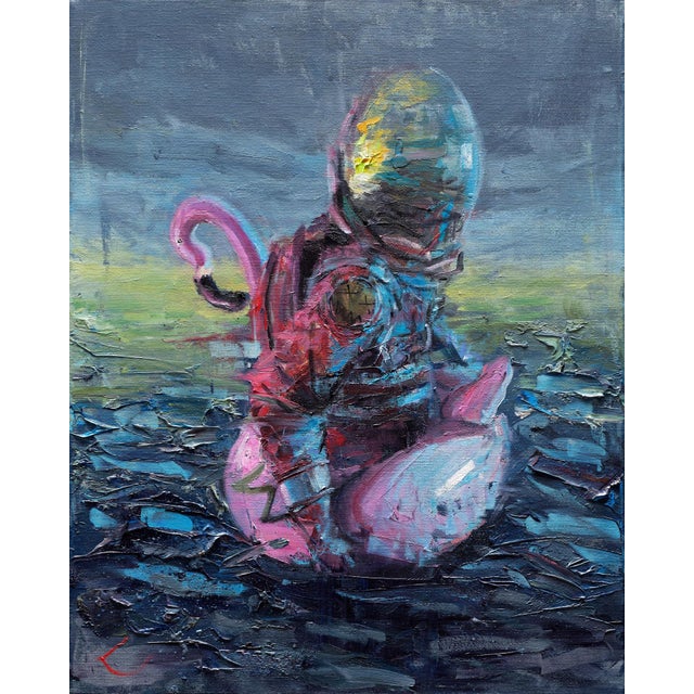 All Directions Wrong by Andreas Claussen | Oil on canvas Astronaut sitting on a pink flamingo float. For Sale