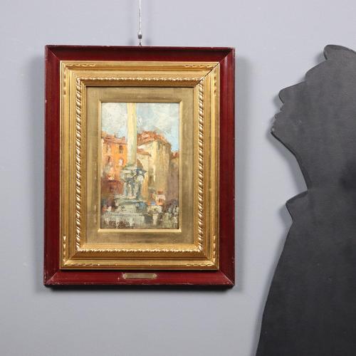 Oil on panel. Signed lower left. Title and cartouche on the back, indicating provenance from the Sormani collection in...