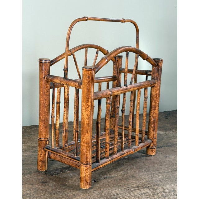 Burnt Bamboo Magazine Rack Chinoiserie Hollywood Regency Rattan Style Holder For Sale In Providence - Image 6 of 7