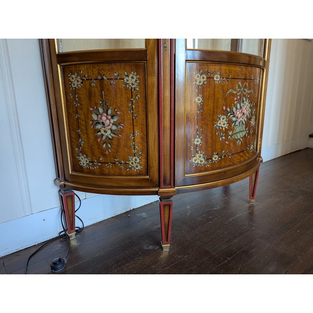 French Style "Etagere" With a Demilune Shape, Hand Painted Floral Marquetry and Lit Back Drop. For Sale - Image 12 of 12