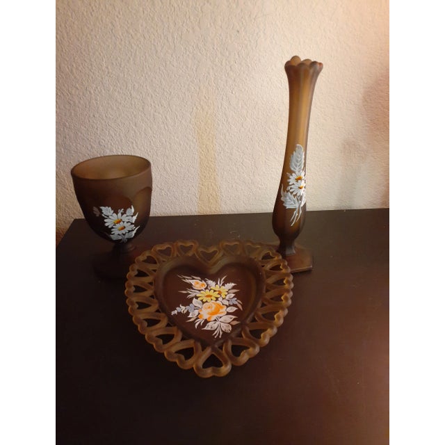 1970s 1970s Westmoreland Frosted Brown Satin Hand Painted Glass Set - 3 Pieces For Sale - Image 5 of 7