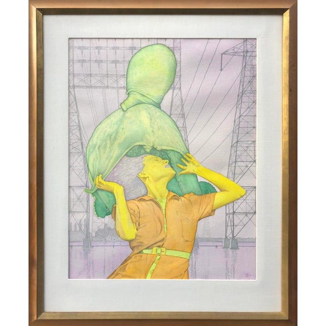 Vintage Surrealist Watercolor Painting of a Woman and Octopus 1973 For Sale