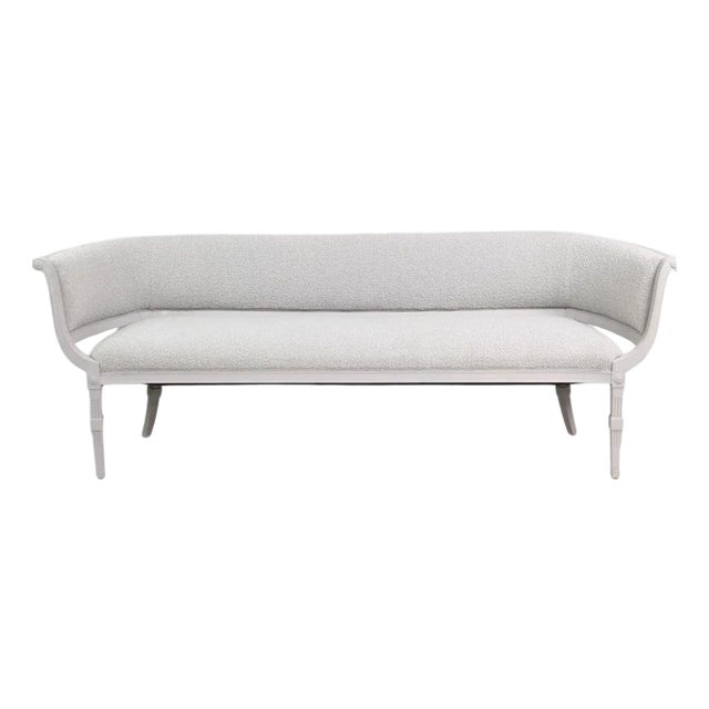 Swedish Gustavian Style Painted and Curved Back Settee With Boucle Fabric For Sale