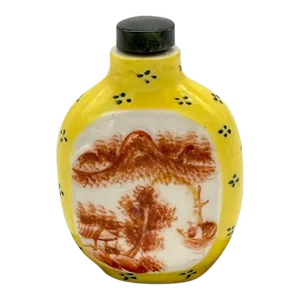 Early 20th Century Chinese Yellow Peaking Glass Scenic & Hardstone Snuff Bottle & Stand, Signed