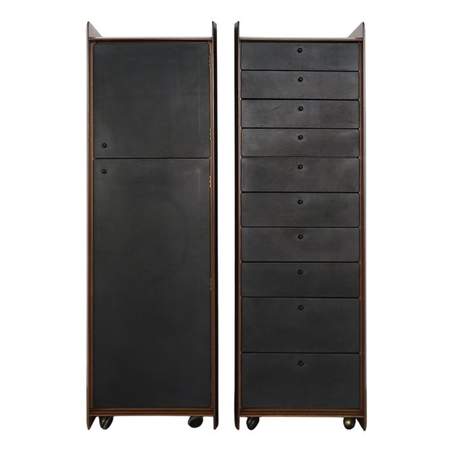 Vintage Container and Chest of Drawers Set in Wood and Leather by Afra & Tobia Scarpa for Maxalto, Italy, 1970s, Set of 2 For Sale