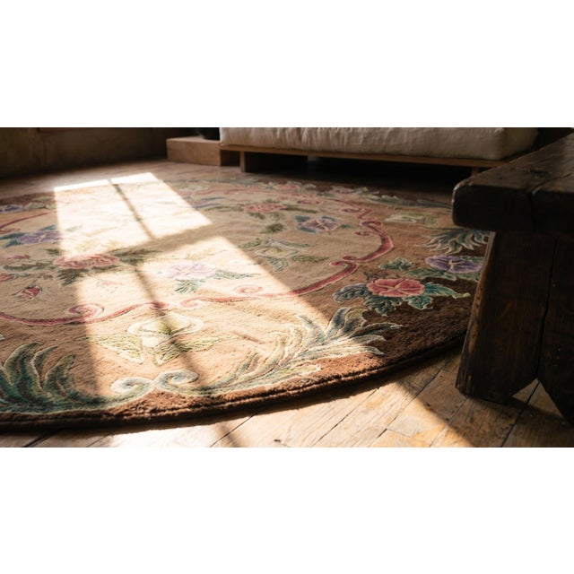 1920s Tan Almond Floral Folk Art Antique American Hooked Rug 6'6"x 7'5" Handknotted Wool Carpet For Sale - Image 11 of 11