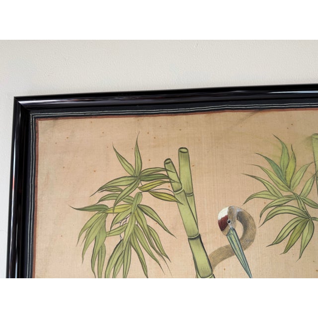 Vintage Japanese Red-Crowned Cranes in Bamboo Garden Tropical Landscape Art Painted Silk Scroll For Sale - Image 11 of 12