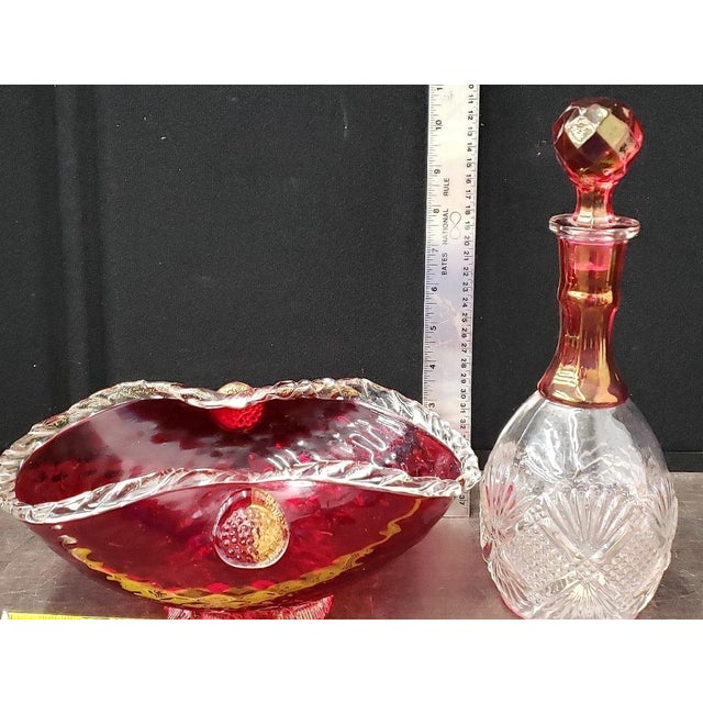 Vintage 1960s Bohemian Cranberry Crystal Decanter & Murano Gold Flake Ruby Glass Bowl Set – Barware Vignette For Sale - Image 15 of 17