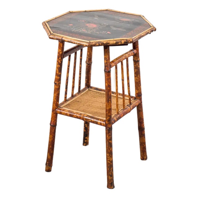 19th Century Aesthetic Movement Octagon Tiger Bamboo Two-Tier Side Table With Lacquered Top For Sale
