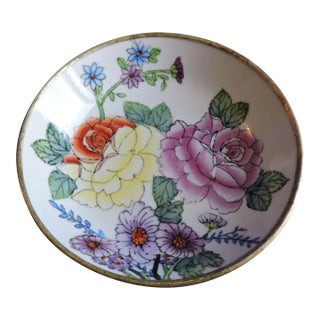 Vintage 70's Chinese Porcelain Brass Enclosed Hand Painted Floral Bouquet Wall Hanging Bowl For Sale