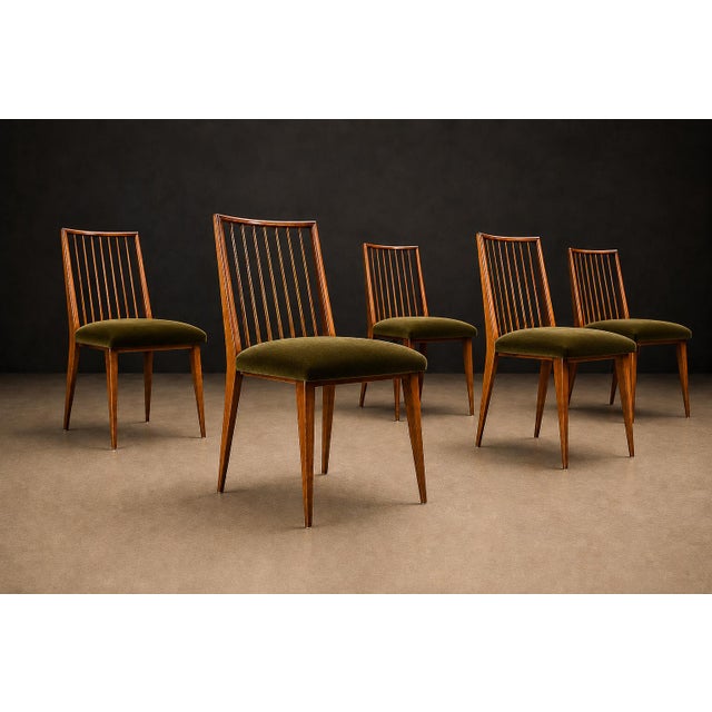 Rare Set of Six Dining Chairs by Joaquim Tenreiro in Caviúna Wood & Olive Green Mohair, Brazil, 1950s For Sale - Image 10 of 16
