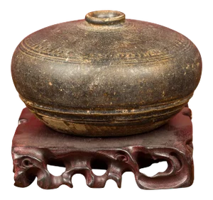 Angkor Period 12th Century Khmer Black Glazed Ceramic Vase with Concentric Lines