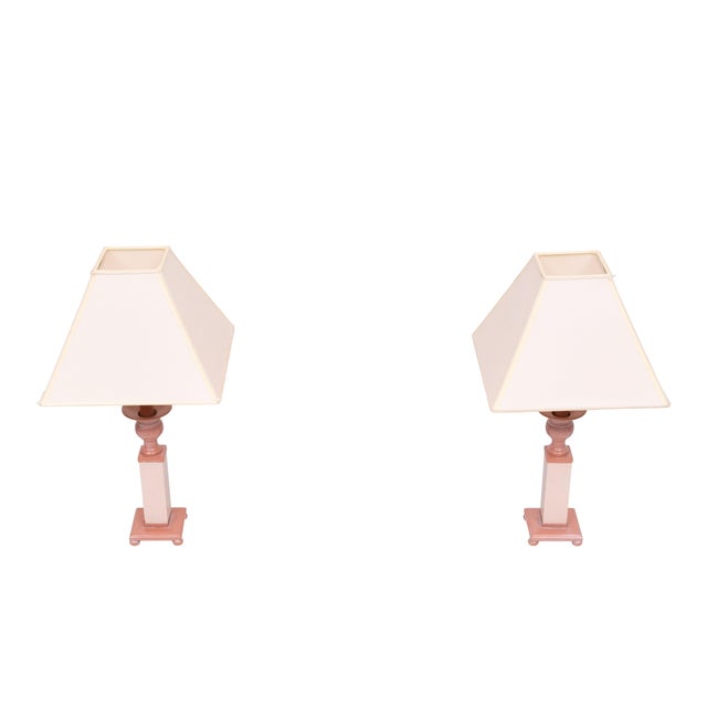 Very nice pair off small Pink Marble column Table Lamps , Classic Greek style. Comes with there original shades. Good...