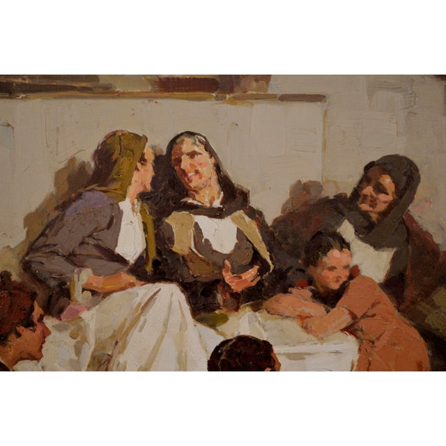 Impressionist 1970s Large-Scale Baltic Figurative Courtyard Genre Scene For Sale - Image 3 of 9