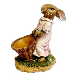 1990s Vintage Boho Chic Whimsical Girl Bunny Figural With Jelly Bean Basket - Easter For Sale