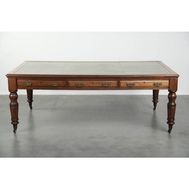 Antique English Writing Desk on Wheels with Drawers and Green Leather Top For Sale - Image 5 of 14