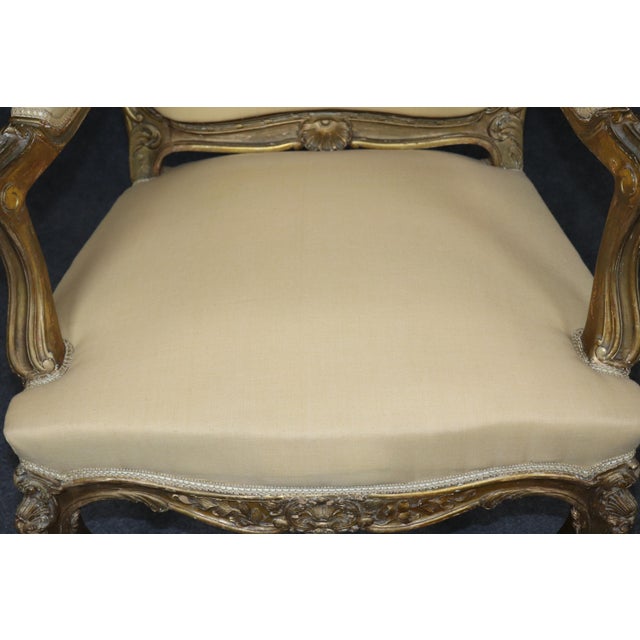 19th C Pair French Louis XV Yellow Carved Giltwood Armchairs For Sale - Image 14 of 17