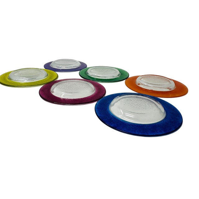 Vintage 80s Mexican Glass Bread Plates - Set of 6 Colorful Textured Rim 5.25" Small Appetizer Side Dishes - Fused Glass For Sale - Image 4 of 18
