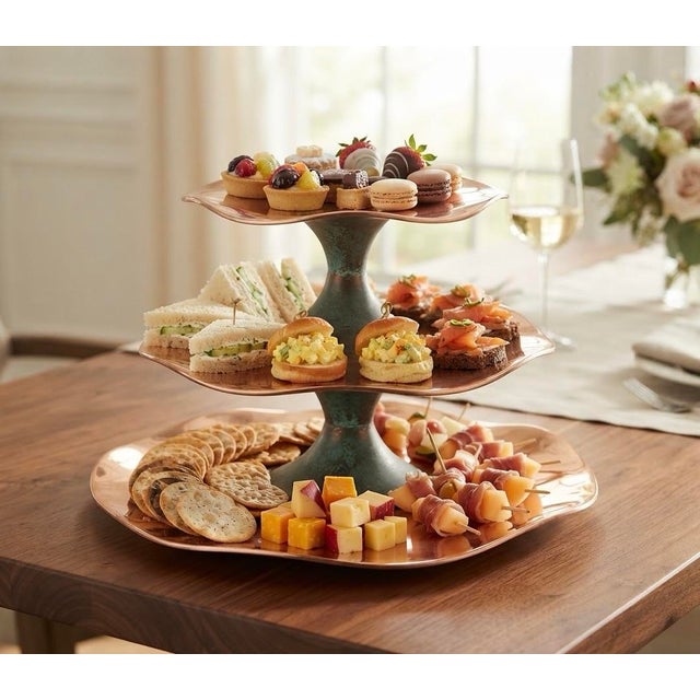 Stunning, Mid-Century Modern style discontinued Nambe’ Copper Canyon Three-Tier Serving Tray, model number MT0150,...