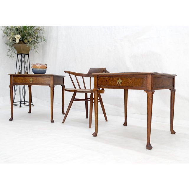 Mid-Century Modern Baker Burl Wood Walnut Brass Drop Ring Pulls One Drawer Nightstands End Tables - A Pair For Sale - Image 3 of 11