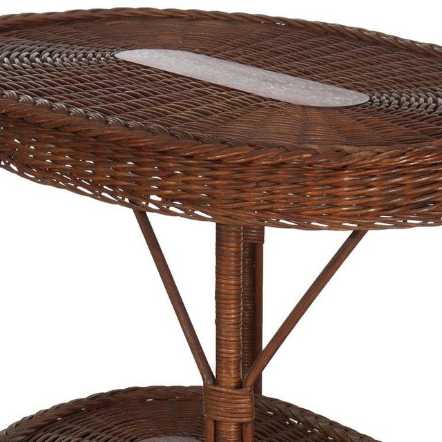 Wood Antique Heywood & Wakefield Arts & Crafts Wicker & Oak Table Signed C1920 For Sale - Image 7 of 16