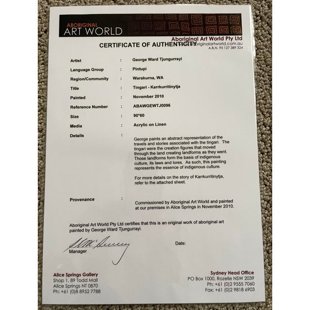 Authentic Aboriginal Art Purchased in Alice Springs, Nt, Australia in 2011 "Tingari-Karrkurritinytja" by George Ward Tjungurrayi For Sale - Image 11 of 11