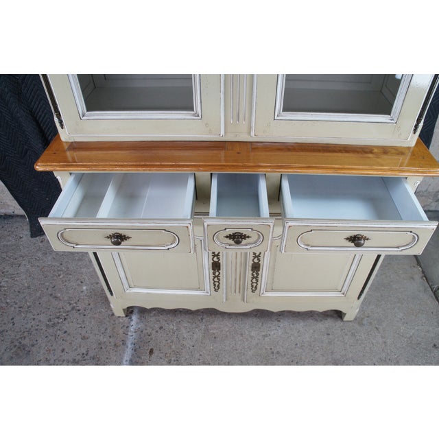 Vintage Country French Provincial Oak Buffet Deux Corps China Display Cabinet For Sale - Image 11 of 14