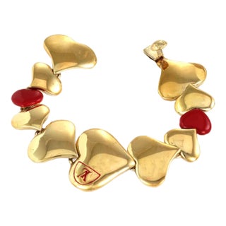 Louis Vuitton Gold Plated Red Enamel Heart Link Bracelet For Sale