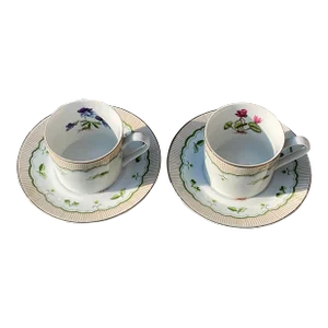 Mid Century Georges Briard Victorian Garden Teacups and Saucers, Cyclamen and Birds Foot Violet- 4 Pieces