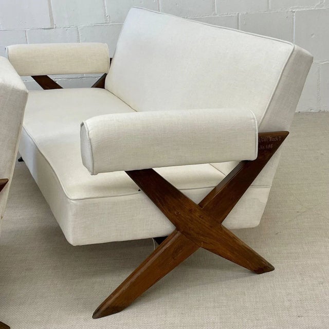 Wood Pierre Jeanneret Upholstered X-Leg Sofa, Mid Century Modern, Chandigarh For Sale - Image 7 of 8