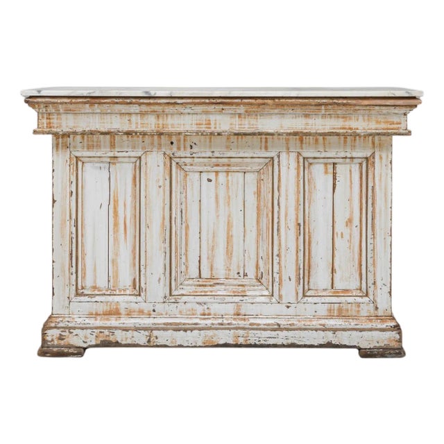 1900s French Wood White Patinated Bar With Marble Top For Sale