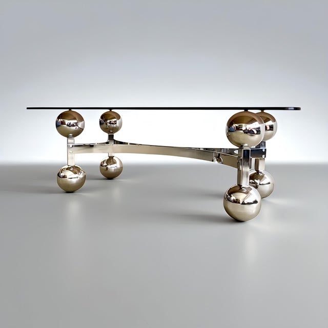 Mid-Century Modern Space-Age Sculptural Atomic Sputnik Coffee Table with Ornate Metal Frame, Chrome Spheres & Thick Smoked Glass in Brown, 1970s For Sale - Image 3 of 13