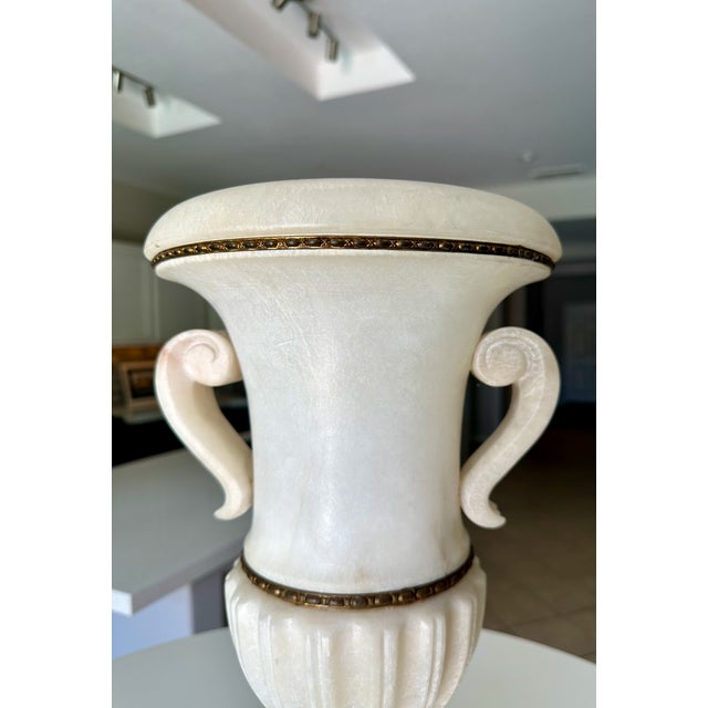 Single Italian Tall Alabaster and Brass Urn Handles Table Lamp For Sale - Image 12 of 18