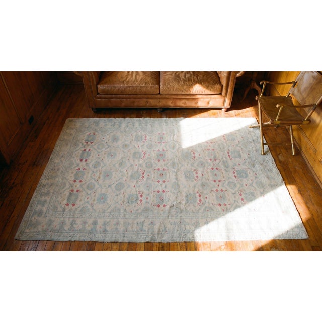 1920s Ivory Diamond Antique Indian Agra Rug 7'x 4' 6" Knotted Cotton Carpet For Sale In New York - Image 6 of 7
