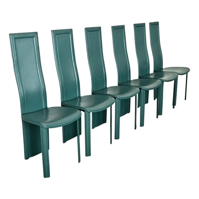 Vintage Italian Turquoise Leather Postmodern Dining Chairs - Set of Six For Sale
