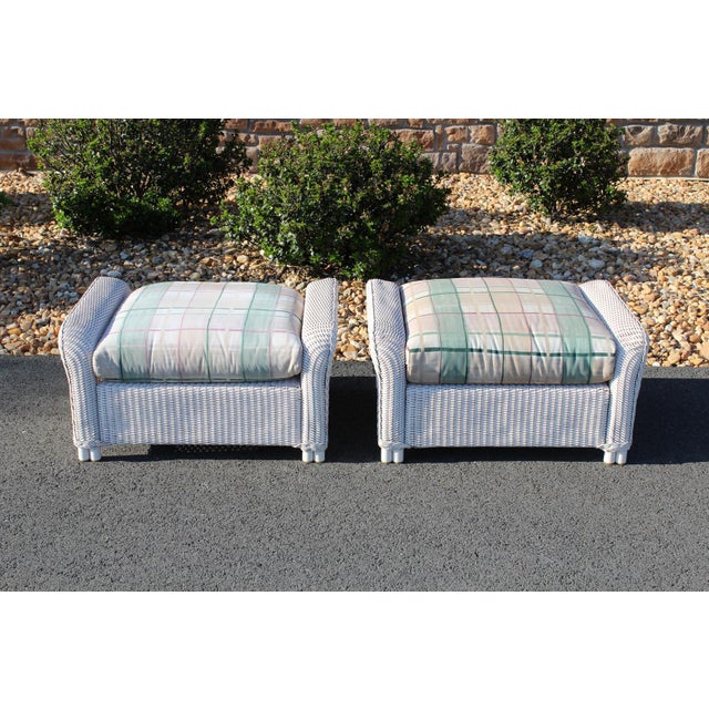 Lloyd Loom White Wicker Ottomans With Green Plaid Cushions—A Pair For Sale - Image 12 of 18