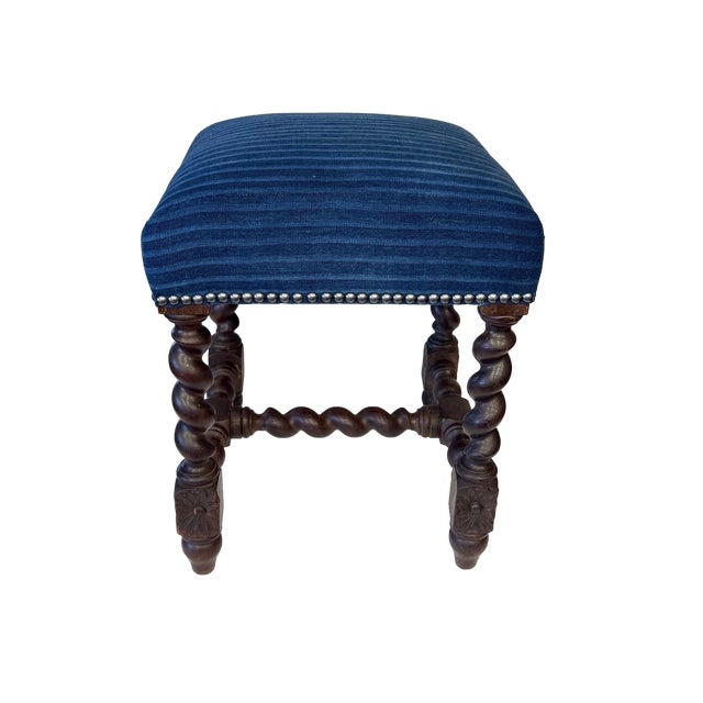 Antique Louis XIII French Baroque Stool W/Indigo Upholstery For Sale In Los Angeles - Image 6 of 9