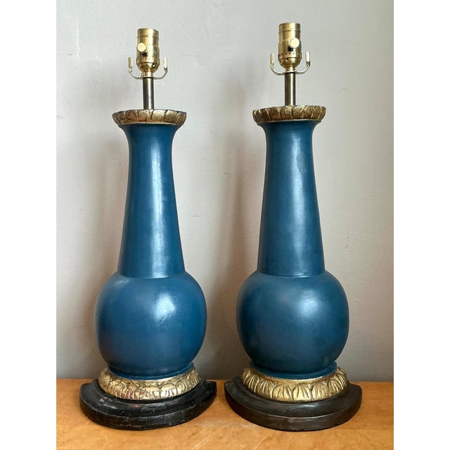 Hollywood Regency Vintage Blue Gilt Accented Table Wood Half Lamps - Pair For Sale - Image 3 of 11
