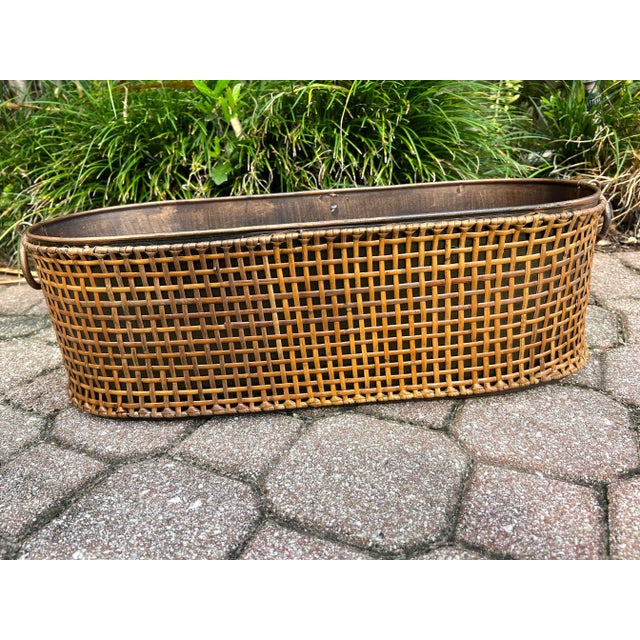 Rattan Wrapped Metal Planter With Round Handles For Sale - Image 11 of 13