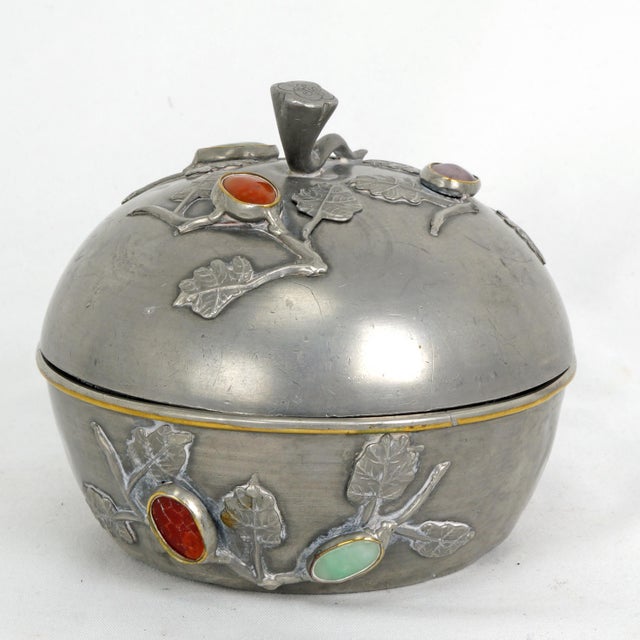 Early 20th Century Antique Chinese Pewter Jeweled Lidded Bowl With Gemstones Republic Period For Sale - Image 5 of 13