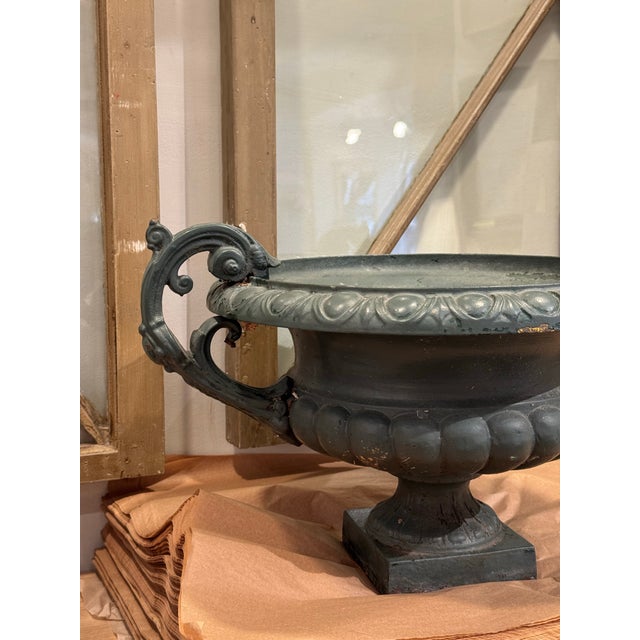 Neoclassical 19th Century Antique French Neoclassical Painted Cast Iron Garden Urn For Sale - Image 3 of 5