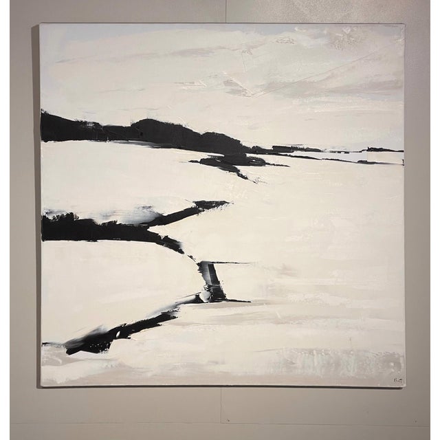 Intersections captures a serene landscape where bold black lines intersect with expansive fields of white and soft gray...