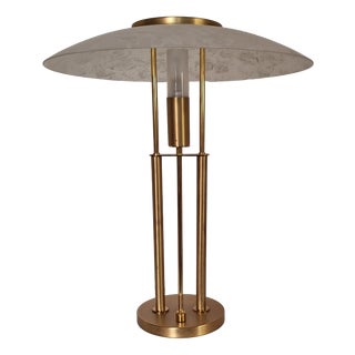 Dimmable Brass-Colored Metal Table Lamp with Glass Shade from TZ-Leuchten, 1980s For Sale