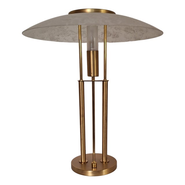 Dimmable Brass-Colored Metal Table Lamp with Glass Shade from TZ-Leuchten, 1980s For Sale