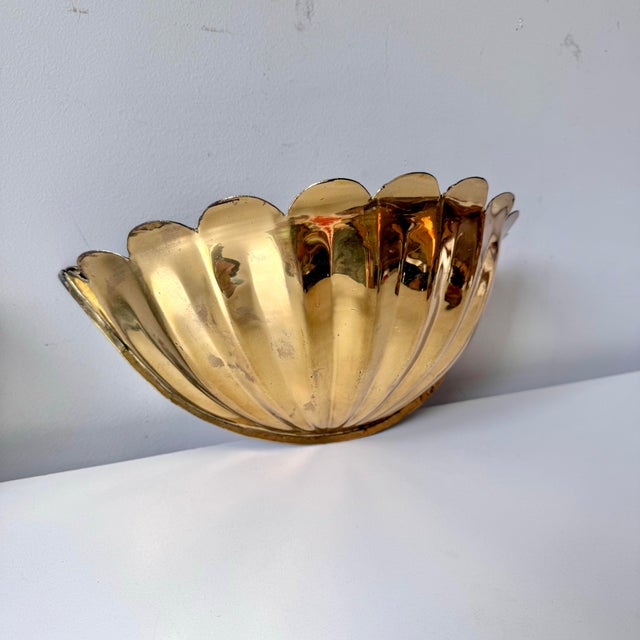 1970s Scalloped Brass Lotus Petal Wall Pocket; A Pair For Sale - Image 5 of 9