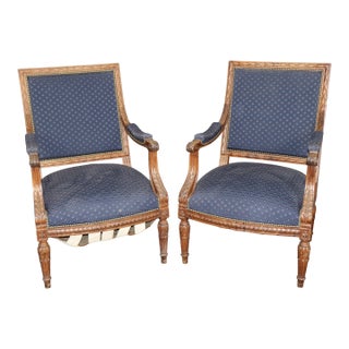 Pair of Antique French Louis XVI Style Carved Arm Chairs C. 1940's For Sale